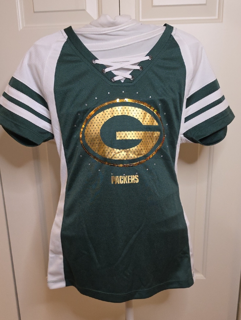 Majestic Green & White Lace-Up Gold Logo Packers Jersey